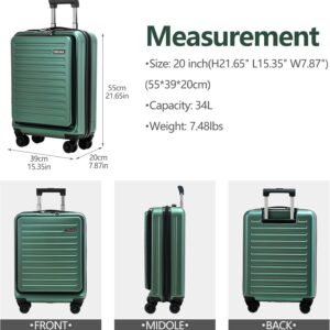 TydeCkare 20" Handgepäck mit Laptopfach, 55x40x20cm, Airline Kompatibel, 34L Hartschalenkoffer Klein, Leicht, 4 Rollen, mit TSA Schloss, Dunkelgrün – Bild 4