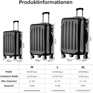 BEIBYE- 3er Kofferset Hartschalen-Koffer Reisekoffer Trolley Rollkoffer Set Reisekofferset (Schwarz) – Bild 8