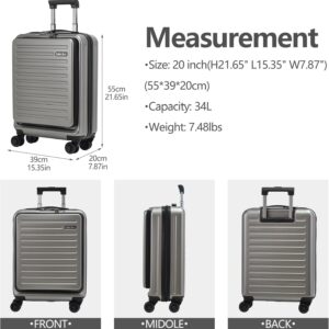 TydeCkare 20" Handgepäck mit Laptopfach, 55x40x20cm, Airline Kompatibel, 34L Hartschalenkoffer Klein, Leicht, 4 Rollen, mit TSA Schloss, Dunkelgrau – Bild 4