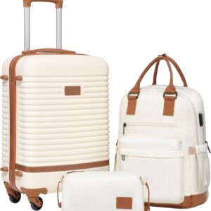 COOLIFE Koffer Trolley Koffer Reisekoffer von ABS Hartschalen Trolley 4 Rollen TSA-Schloss Der Koffer Enthält 1 Reiserucksack und 1 Kulturbeutel (Weiß/Braun, Handgepäck-Set 3tlg)