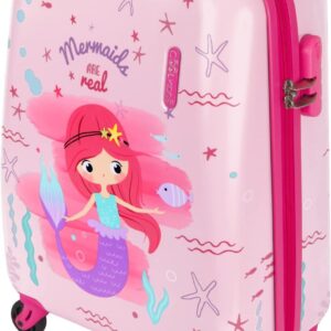 PERLETTI Meerjungrau Koffer Pink für Kleine Mädchen - Kinder Trolley Handgepäck 4 Rollen - Rosa Hartschalen Cabin Bag mit Zahlenschloss - Reise Kinderkoffer Ryanair 51x35x20 cm (XS)