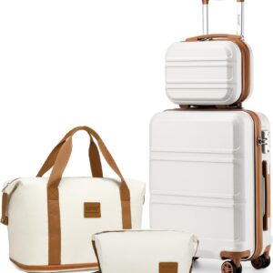 KONO Reisekoffer Set Gepäcksets 4 Teilig Kofferset, 55cm Handgepäck mit Beautycase Kosmetikkoffe mit handgepäck Reisetasche mit Kulturbeutel (Creme Weiß)