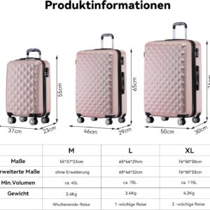 BEIBYE Zwillingsrollen 2066 Hartschale Trolley Koffer Reisekoffer Gepäck M-L-XL-Set (Rosa Gold, L) – Bild 5
