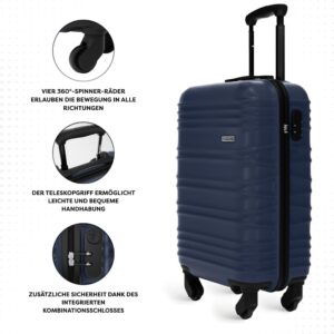 FASSLINE Kabinenkoffer 55x35x20 cm, 32 l, Reisekoffer Handgepäck, Hartschale aus ABS, Vier 360°-Spinner-Rollen, Zahlenschloss, Teleskopgriff, Größe M, Dunkelblau – Bild 3
