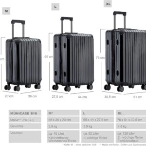 Münicase M816 TSA-Schloß Koffer Reisekoffer Trolley Kofferset Hardschale Boardcase Handgepäck (Schwarz, Mittler Koffer) – Bild 6