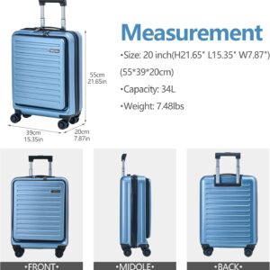 TydeCkare 20" Handgepäck mit Laptopfach, 55x40x20cm, Airline Kompatibel, 34L Hartschalenkoffer Klein, Leicht, 4 Rollen, mit TSA Schloss, Eisblau – Bild 4