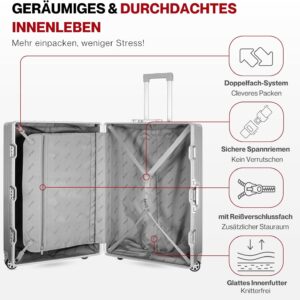 WINLIFE Hartschalen-Reisekoffer M-53cm | Großschalen-ABS-Trolley in Silber | TSA-Zahlenschloss | 4X 360°-Doppelspinnerrollen | Teleskopgriff | integrierter Becher- & Taschenhalter – Bild 3