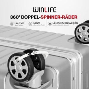 WINLIFE Hartschalen-Reisekoffer M-53cm | Großschalen-ABS-Trolley in Silber | TSA-Zahlenschloss | 4X 360°-Doppelspinnerrollen | Teleskopgriff | integrierter Becher- & Taschenhalter – Bild 5