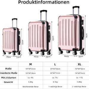 BEIBYE Hartschalen Koffer Trolley Rollkoffer Reisekoffer 4 Zwillingsrollen Polycabonat (Rosa Gold, Handgepäck 55cm-40L) – Bild 6
