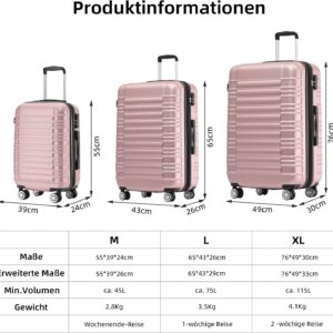 BEIBYE Hartschalen Koffer Trolley Rollkoffer Reisekoffer Zwillingsrollen Kofferset (Rosagold, Set) – Bild 7
