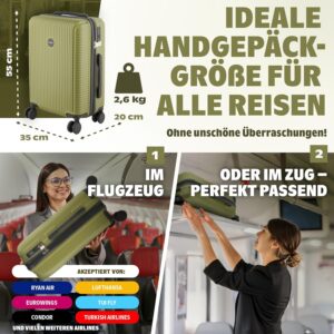 Handgepäck Koffer 55x40x20cm Trolley, Leichter Robuster Hartschalenkoffer aus ABS-Material mit TSA-Schloss, Reisekoffer mit Rollen, ideal als Koffer handgepäck, Matcha-Grün – Bild 3