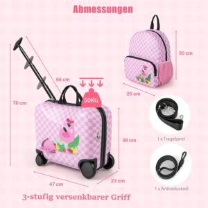 Kinderkoffer & Rucksack 18”+12”, Reisekoffer mit Rollen & Teleskopgriff, Trolley Kinder, Kindergepäck, Hartschalenkoffer, Kindertrolley für Jungen und Mädchen (Flamingo) – Bild 6