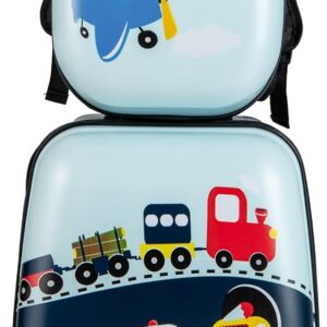 COSTWAY 2tlg Kinderkoffer + Rucksack, Kindertrolley aus Kunststoff, Kindergepäck, Kinder Kofferset Handgepäck Reisegepäck Hartschalenkoffer für Jungen und Mädchen (Verkehrsmittel, 12"+16")