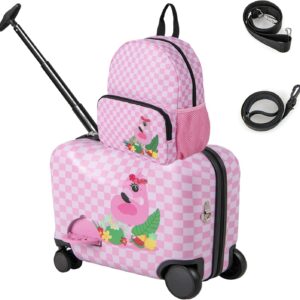 Kinderkoffer & Rucksack 18”+12”, Reisekoffer mit Rollen & Teleskopgriff, Trolley Kinder, Kindergepäck, Hartschalenkoffer, Kindertrolley für Jungen und Mädchen (Flamingo)