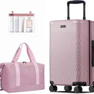 Leicht Handgepäck Koffer Trolley, 20'' Recyceln PC Hartschalenkoffer, 55x40x23cm Erweiterbar Reisekoffer mit 4 Rollen & TSA Schloss, 2 Teilig Rollkoffer mit 30L Handgepäck Tashe, Luggage（Rosa）