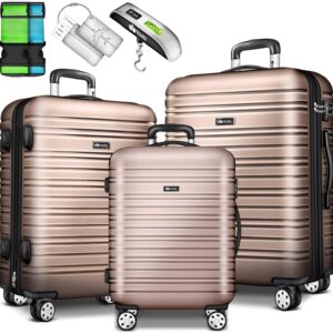 Reisekoffer Set 3-TLG. mit Gepäckwaage, 6X Koffergurte und 3X Kofferanhänger | Hartschale Kofferset 4 Rollen | Trolley Gepäck Koffer mit TSA Schloss | Rollkoffer Hartschalenkofferset M-L-XL