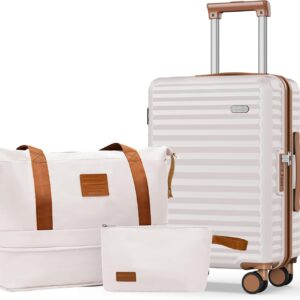 SHOWKOO Koffer Klein Leicht Hartschale 100% Polycarbonate Haltbar Reisekoffer mit Rollen Hartschalenkoffer Set Trolley Handgepäck Enthält 1 Reisetasche und 1 Kulturbeutel, M-Beigeweiß