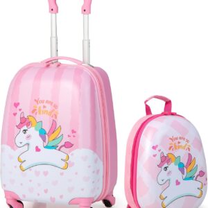 DREAMADE 2 TLG. Kinderkoffer & Rucksack, 16” +12” Kinderkofferset, Kindertrolley Kindergepäck, Handgepäck Reisegepäck Hartschalenkoffer für Kinder (Einhorn, 16 Zoll +12 Zoll)