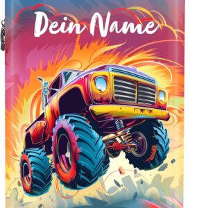 NoBoringSuitcases.com Kinderkoffer, Koffer Personalisiert, Kinderkoffer Jungen, Kinder Reisekoffer, Koffer Kinder Jungen, Trolley Kinder, Handgepäck Koffer 55x40x20 cm (Monstertruck - Orange-Rosa)