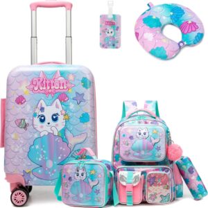 5 teiliges Kinderkoffer, Kindertrolley mit Rucksack, Nackenkissen, Lunchtasche, Federtasche & Kofferanhänger, Kindergepäck mit Rollen, Handgepäck Reisekoffer Hartschalenkoffer für Mädchen