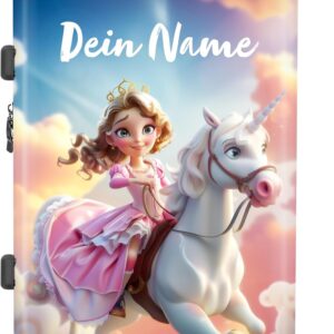 NoBoringSuitcases Kinderkoffer personalisiert, Mädchen, TSA, (Prinzessin, Einhorn - Rosa-Weiß)