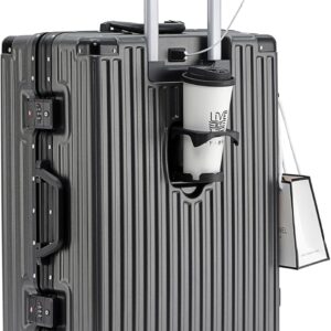 Hartschalenkoffer Mittelgroß 4 Rollen Leicht Trolley Koffer Mittelgroß Rollkoffer Handgepäck Koffer Klein Koffer Ohne Reißverschluss Mit Getränkehalter Handyhalterung,Grau,20in