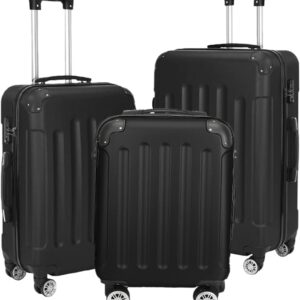 Ultra leicht Hartschalen Koffer-Set 3-teilig, Trolley Rollkoffer Reisekoffer Zahlenschloß 4 Doppelrollen & TSA-Schloss für Damen & Herren Gepäck- und Taschenkoffer (Schwarz)