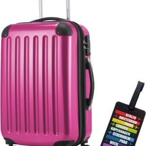 Hauptstadtkoffer - Alex Handgepäck Kabinentrolley Bordgepäck Hartschalen-Koffer, sehr leicht, TSA Zahlenschloss, 55 cm, 42L, Magenta + Design Kofferanhänger