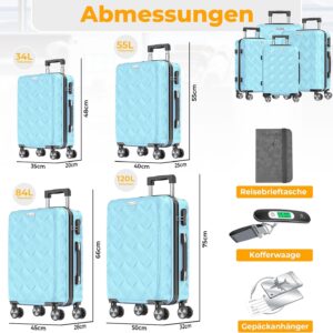 KESSER® Reisekoffer Set 4-teilig | Kofferset ABS Hartschalenkoffer mit Zahlenschloss, Kofferwaage & Reisebrieftasche 360° Rollen | Handgepäck & große Koffer für Business & Reise Trolley Sky Blue