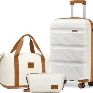 KONO Reisekoffer Handgepäck Koffer Gepäck-Sets 3 Teilig Kofferset, 55cm Klein Hartschalenkoffer mit Leicht Reisetasche und Kulturbeutel (Weiß/Braun)
