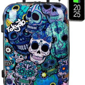 TOKYOTO Kabinentrolley Kinderkoffer Handgepäck Flugzeug für Mädchen Jungen Für Fans mexikanischer Totenköpfe Cartoons Hartschalenkoffer Kabinenkoffer 55x35x20 cm TSA-Schloss USB-Anschluss Blue Skulls